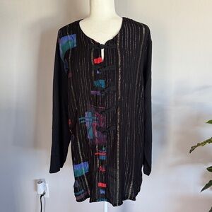 Artistic Black Long Sleeve Top with Colorful Accents